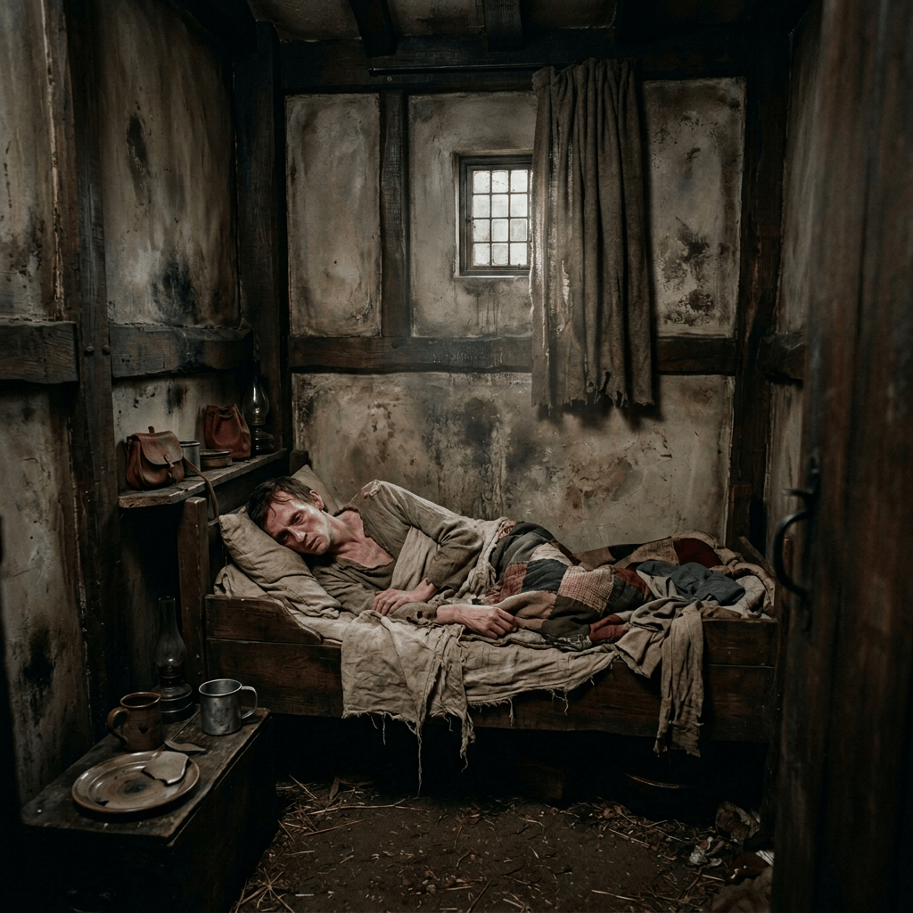 Weary man lying in a wooden bed beneath a patchwork blanket