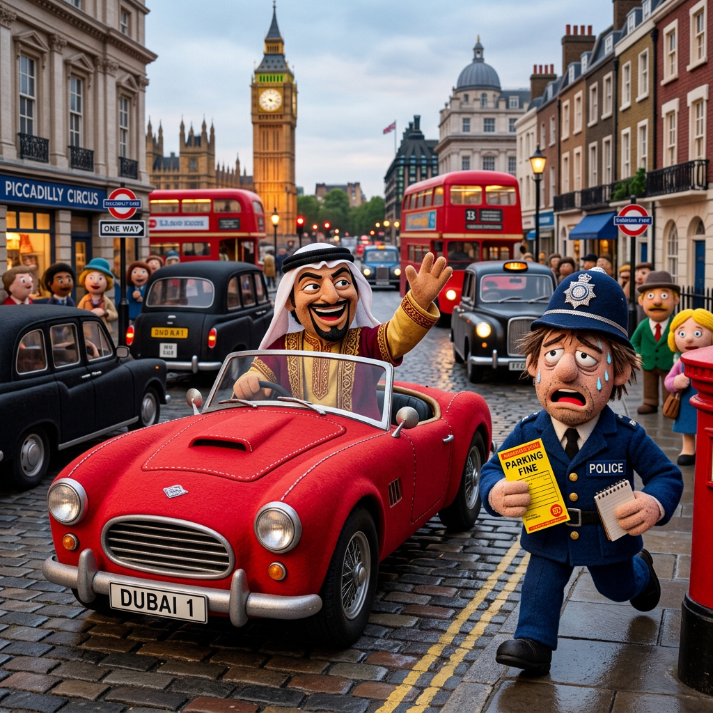 Cartoon Dubai driver receiving parking fine beside red car in London