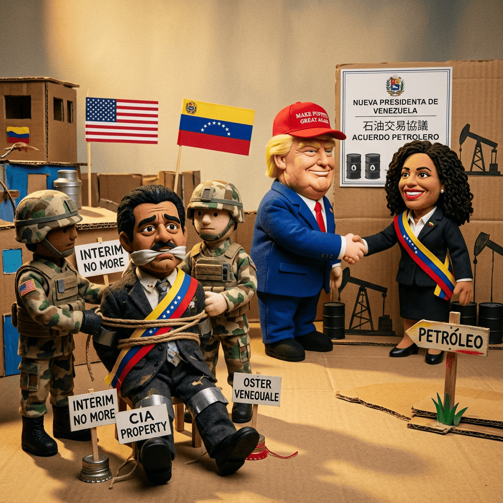 Satirical scene with Trump, Venezuelan leader, soldiers, oil signs, and flags